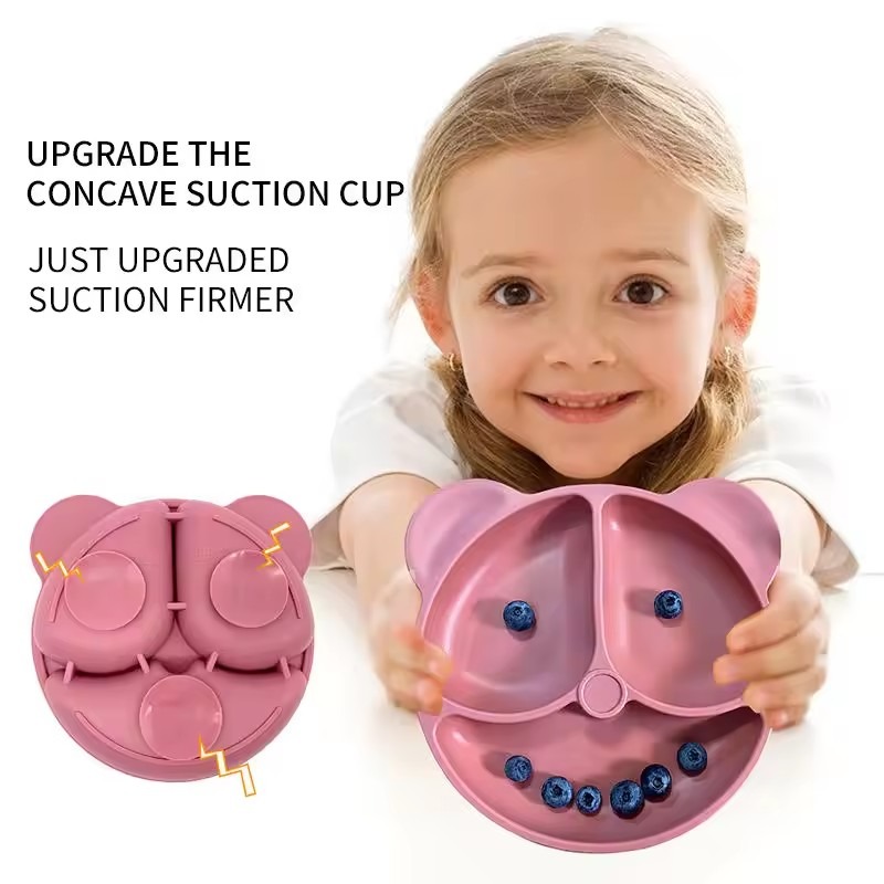 Cartoon Bear Shaped Baby Silicone Plate Cute Portable Suction Plate Kids Divided Plate Non-Slip Strong Suction Dishes for Baby Toddlers